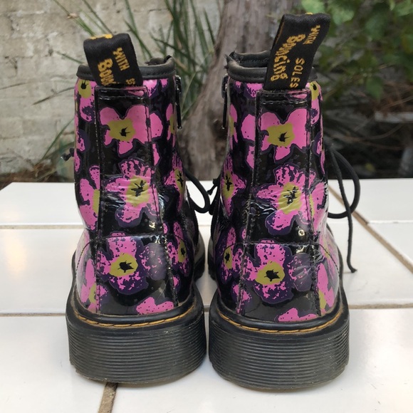 Dr. Martens Black Floral Boots Size 4 Girls Combat Purple Flowers Lace Up 1460 - Picture 6 of 13
